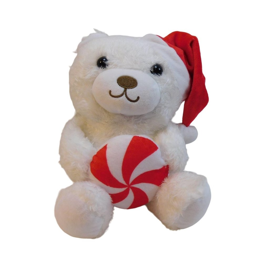 Hallmark Christmas Plush Teddy Bear Santa Hat Holding Starlight Peppermint Candy - Picture 1 of 7